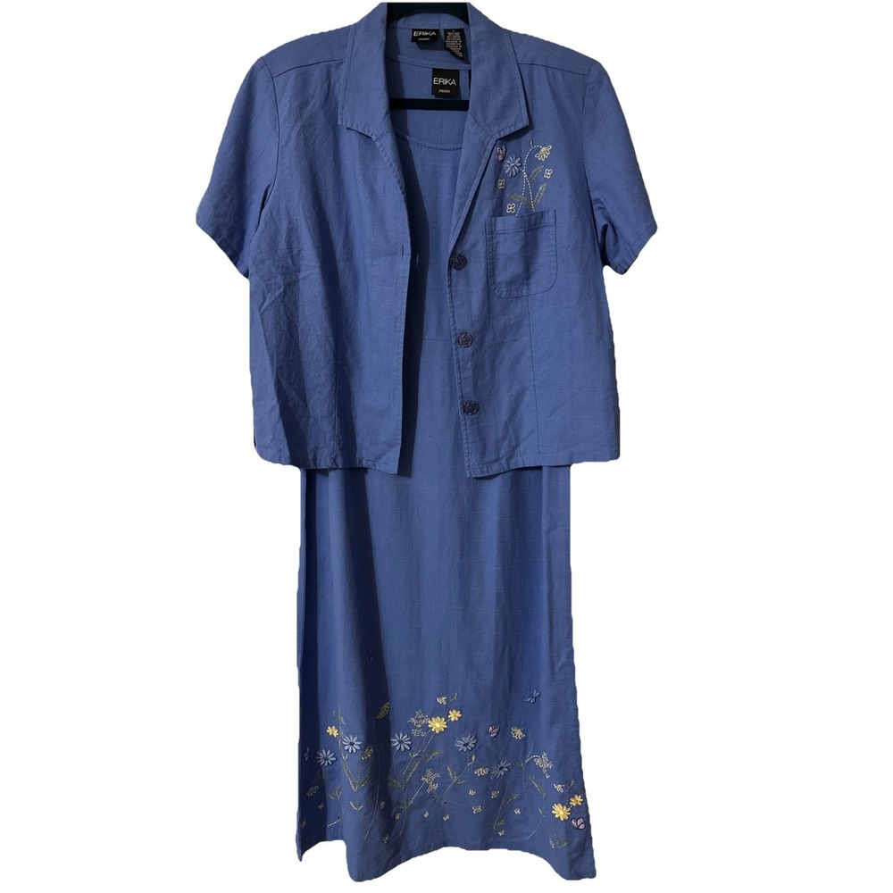 Erika Collection Women Linen Blend Maxi Dress L Periwinkle Blue 90s Vintage